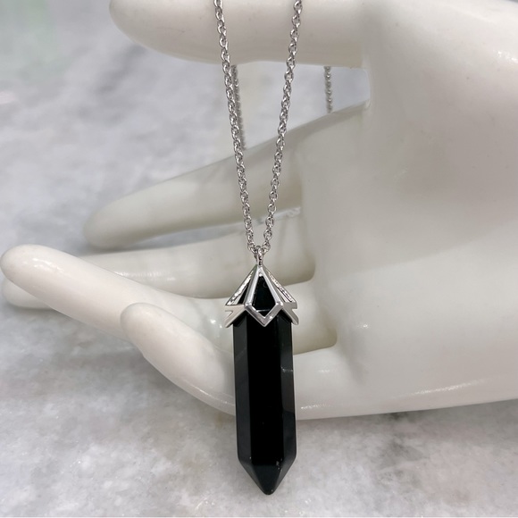 Black Agate Silvertone Crystal Point Pendant Necklace - Picture 4 of 9
